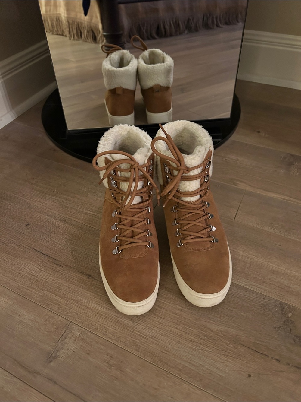 Marc Fisher Tan Suede Lace-Up Sherpa Collar Boots